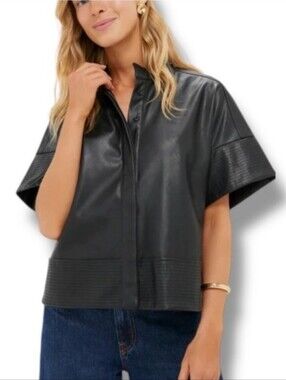 Tuckernuck Sofia Shirt Faux Leather Trapunto Stitch Button Up Black NWT